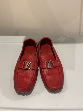 Louis Vuitton Red Leather LV Logo Driving Loafers